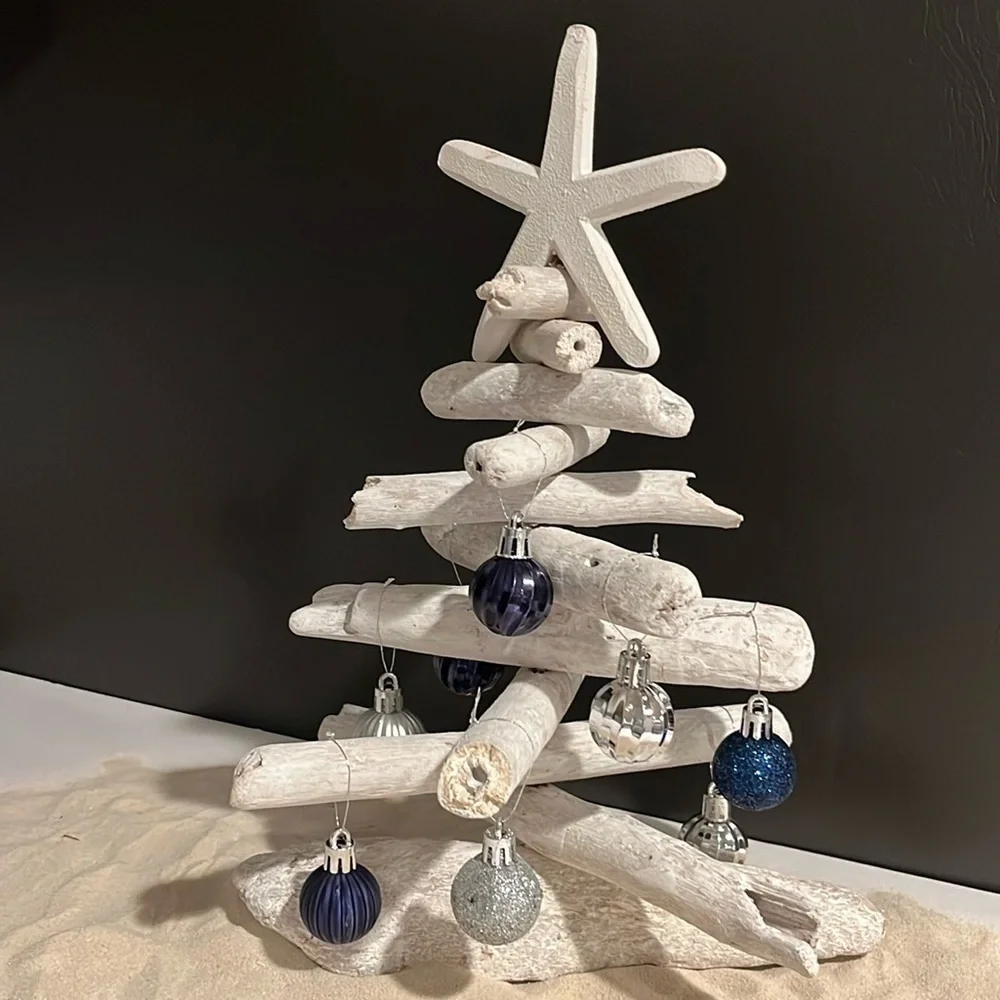 🆕 Coastal Driftwood Tree with Wood Star and Mini Ornaments Beach Tropical